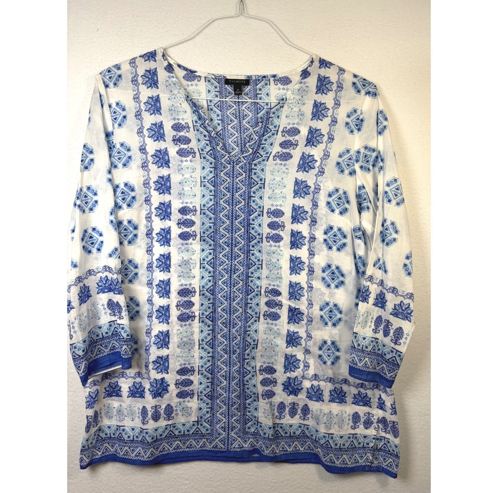 Talbots Tunic Top Womens Medium Blue White Excellent Geometric V-Neck 3/4 Sleeve